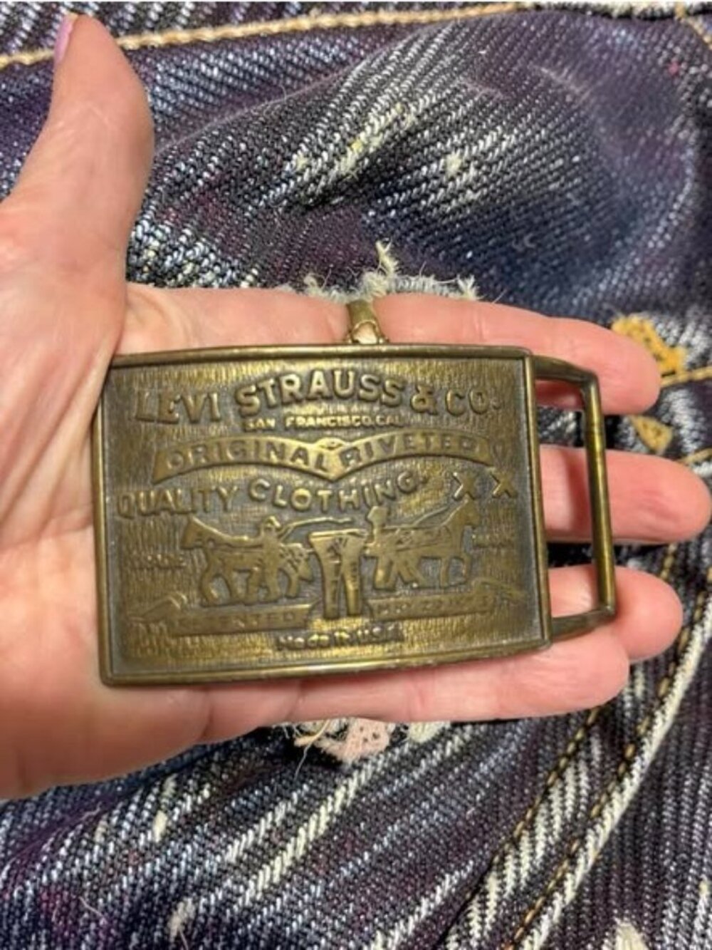 Vintage Levi’s Two Horse Belt Buckle Original Riveted Brass Tone Made in USA